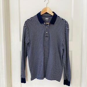 Lands' End Men's M Long Sleeve Jacquard Super Soft Supima Polo Shirt Navy Stripe